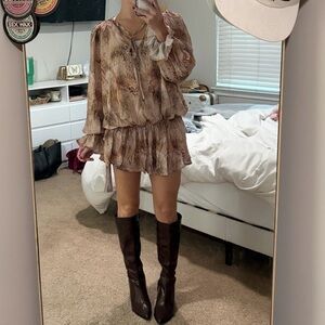 Brown Patterned Dress with Long Sleeves